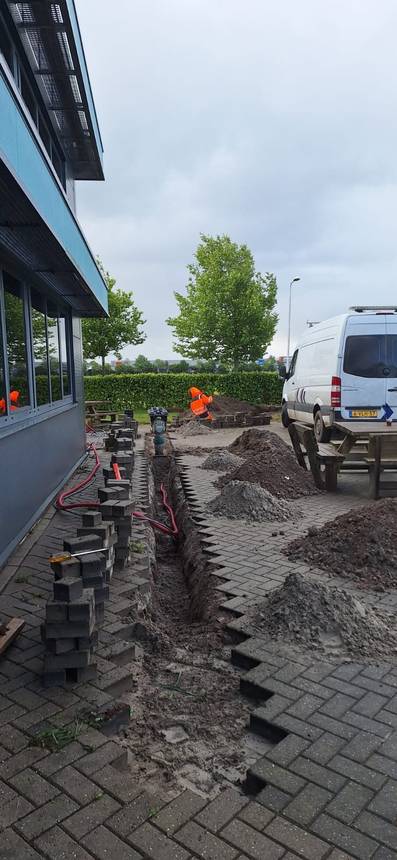 Riolering en straatwerk langs een pand